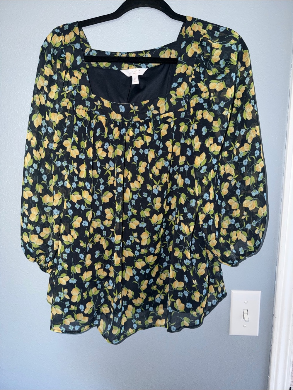 LC Lauren Conrad Black Blouse with Yellow and Light Blue Floral Print
